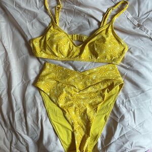 Aerie Yellow Scoop High Waisted High Cut Cheeky Floral Women's Bikini Set